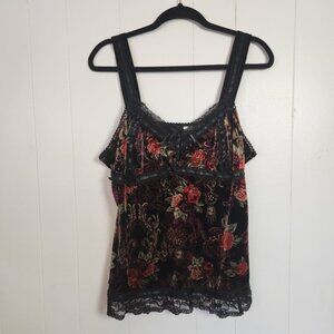 Y2K Vintage Black Velvet Red Floral Lace Tank Top Womens Size XL Goth Grunge 90s